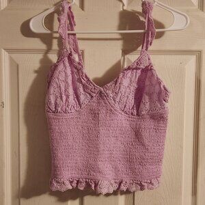 Pink Eyelet Lace Smocked Cami Crop Top
